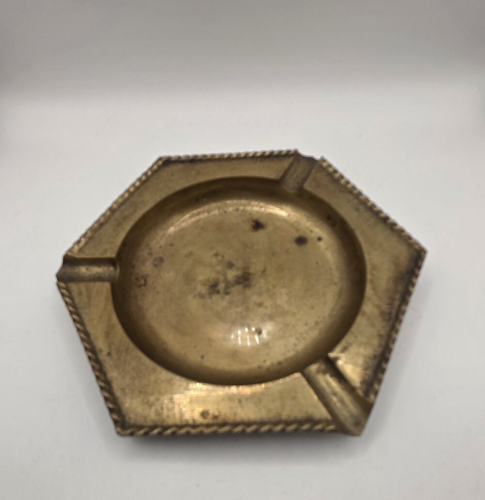 Vintage Solid Brass Hexagon Ashtray Catchall Dish MCM Retro Decor JAPAN 6"